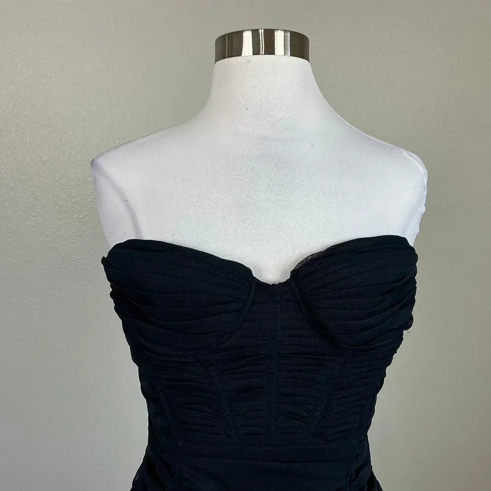 BCBGMAXAZRIA Women's Cocktail Dress Size 8 Blue Strapless Ruched Midi Sheath - Picture 8 of 13